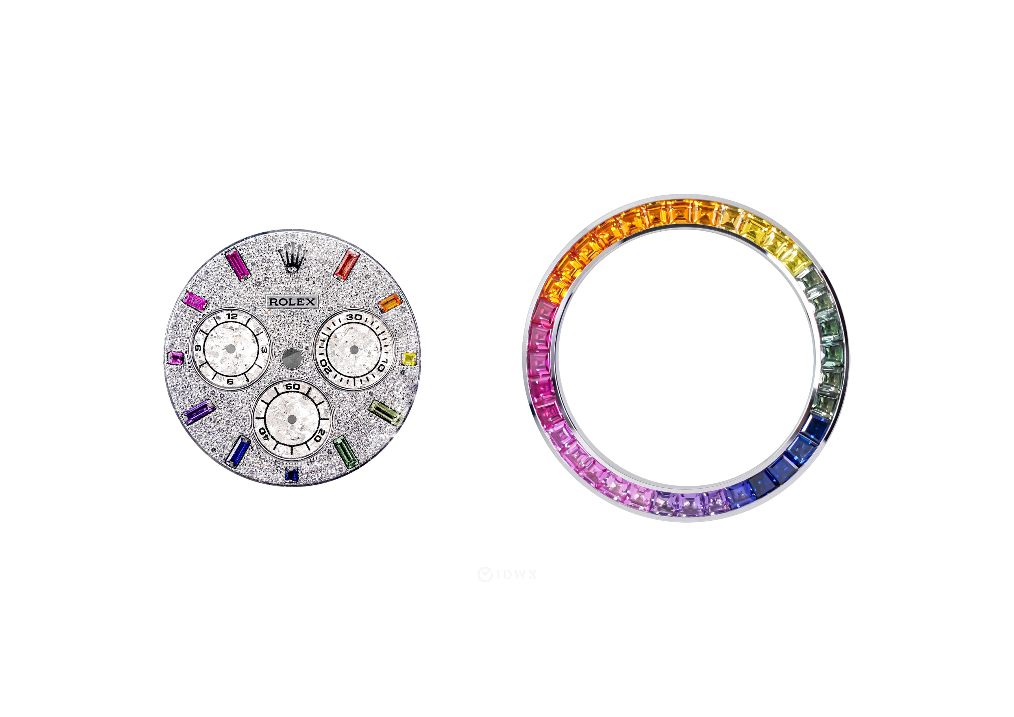 CUSTOM DAYTONA RAINBOW WHITEGOLD BEZEL WITH DIAMOND BAGUETTE PAVED DIAL