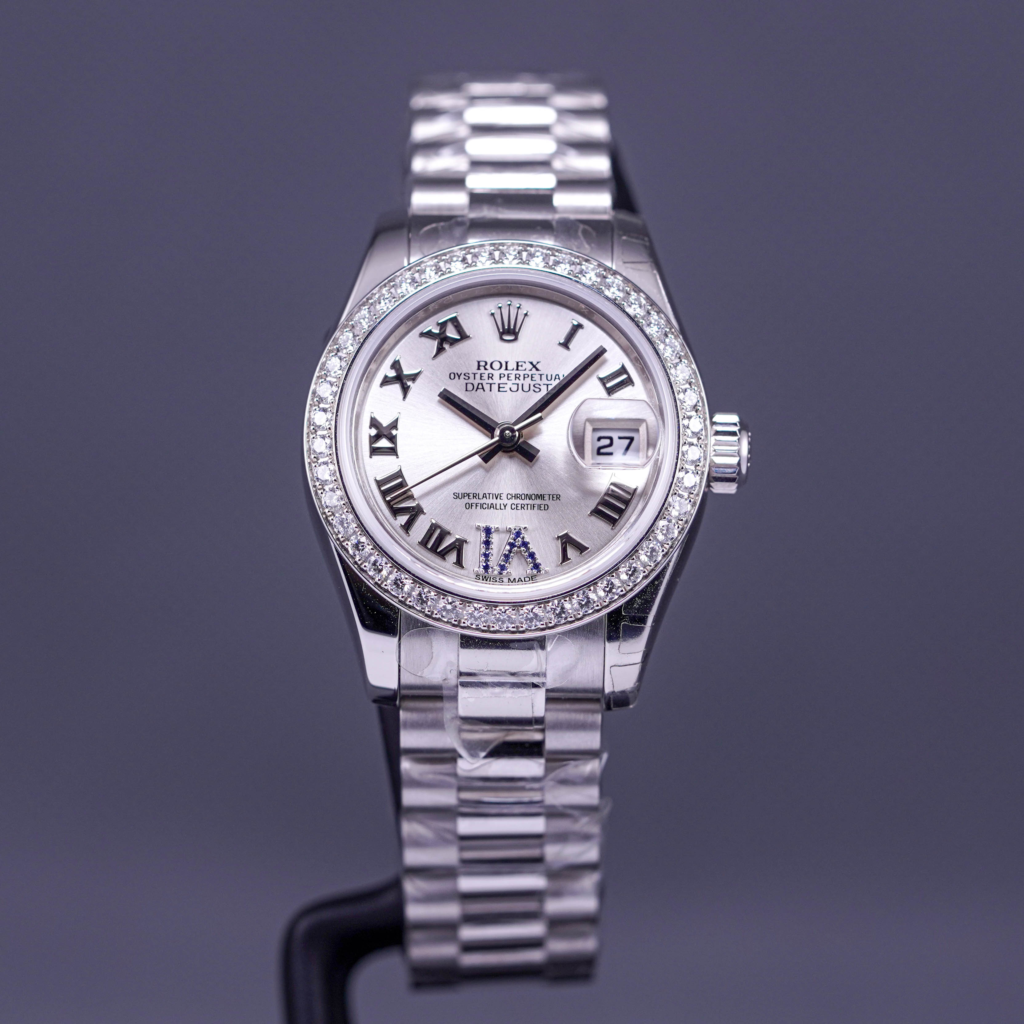 DATEJUST 26MM PLATINUM DIAMOND RING SILVER ROMAN DIAL SAPPHIRE ON 6 (2022)