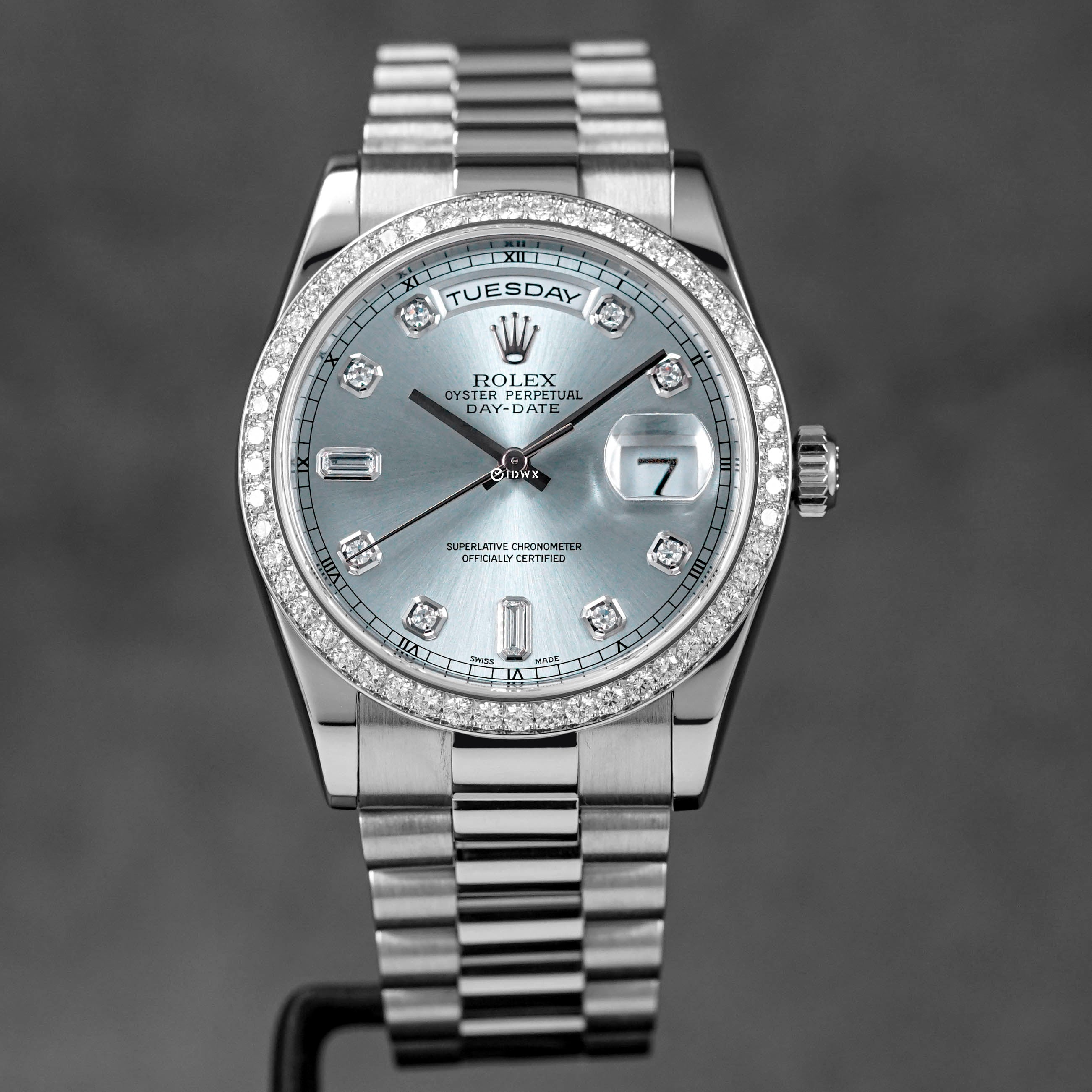 ROLEX DAYDATE 36MM PLATINUM BAGUETTE ICE BLUE DIAL DIAMOND BEZEL