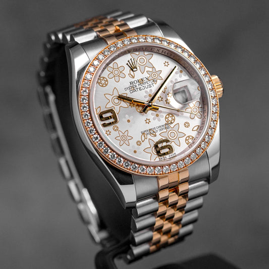 DATEJUST 36MM TWOTONE YELLOWGOLD SILVER FLORAL DIAL DIAMOND BEZEL (2010)