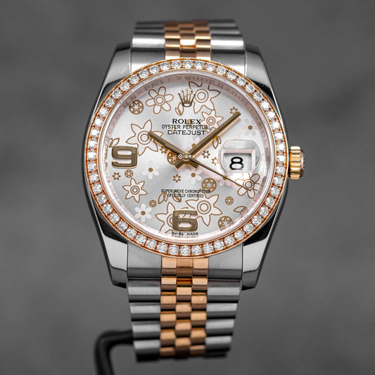 DATEJUST 36MM TWOTONE YELLOWGOLD SILVER FLORAL DIAL DIAMOND BEZEL (2010)