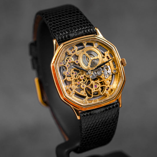 OCTAGONAL ULTRA-THIN YELLOWGOLD SKELETON DIAL AFTERMARKET LIZARD SKIN STRAP (WATCH ONLY)