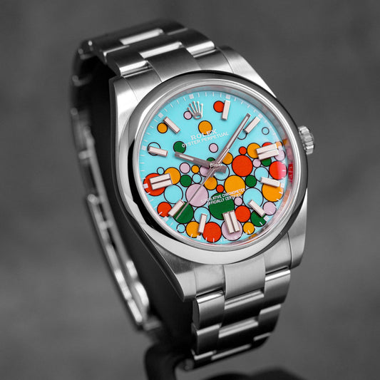 OYSTER PERPETUAL 41MM SILVER DIAL CUSTOM TURQUOISE BLUE CELEBRATION MOTIF DIAL (2022)