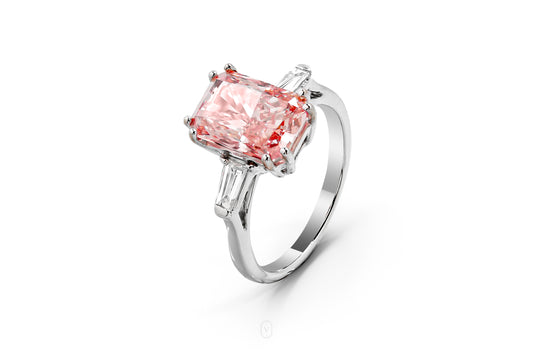 LUNA WHITEGOLD RING 2CT FANCY PINK RADIANT CUT LAB DIAMOND WITH TAPERED BAGUETTE SIDE STONE