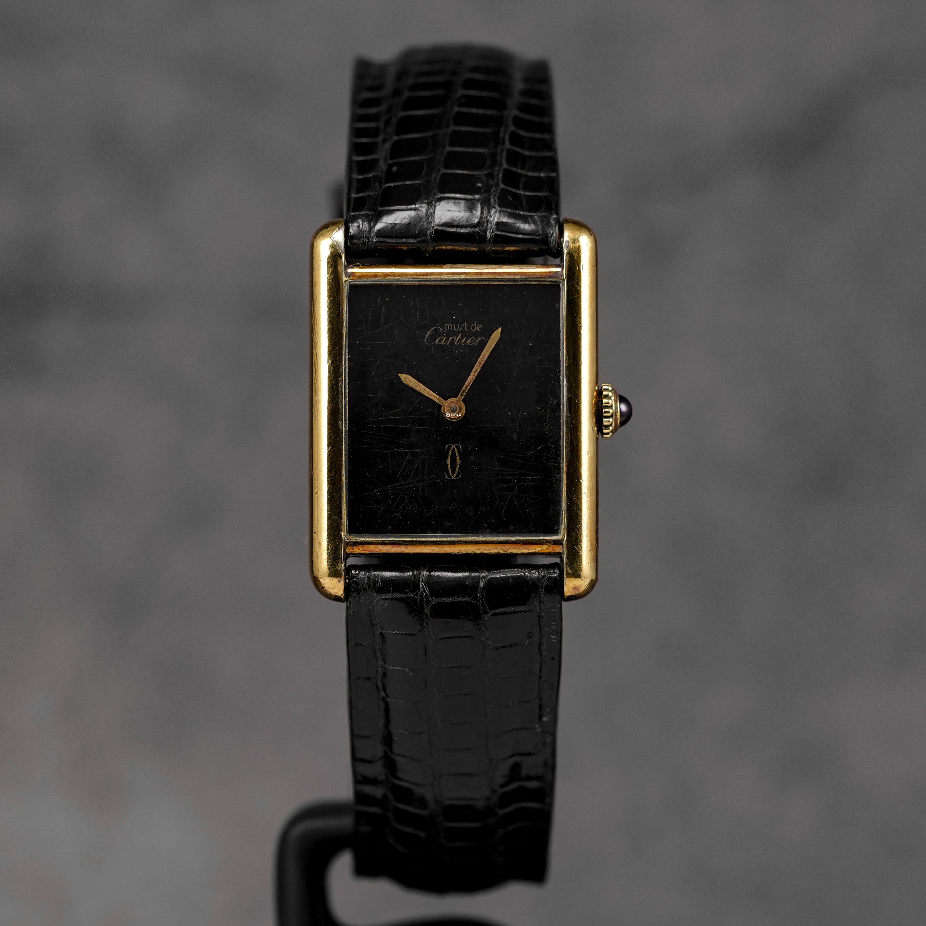 TANK MUST VERMEIL YELLOWGOLD BLACK WITH AFTERMARKET LEATHER STRAP (WATCH ONLY)