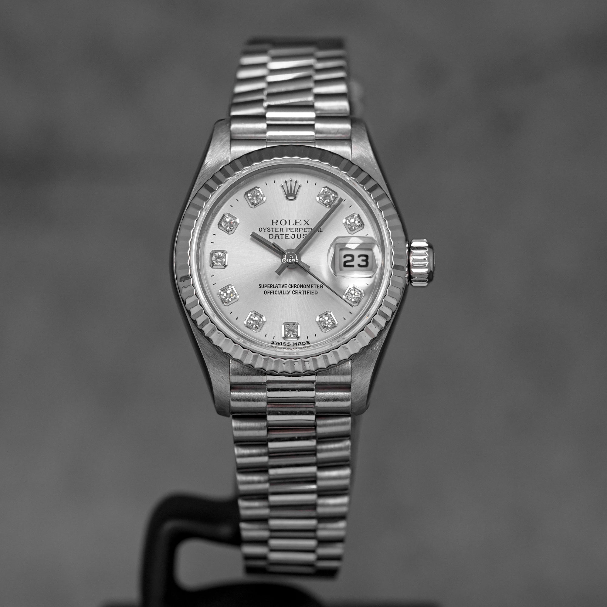 DATEJUST 26MM WHITEGOLD SILVER DIAMOND DIAL PRESIDENT BRACELET (WATCH ONLY)