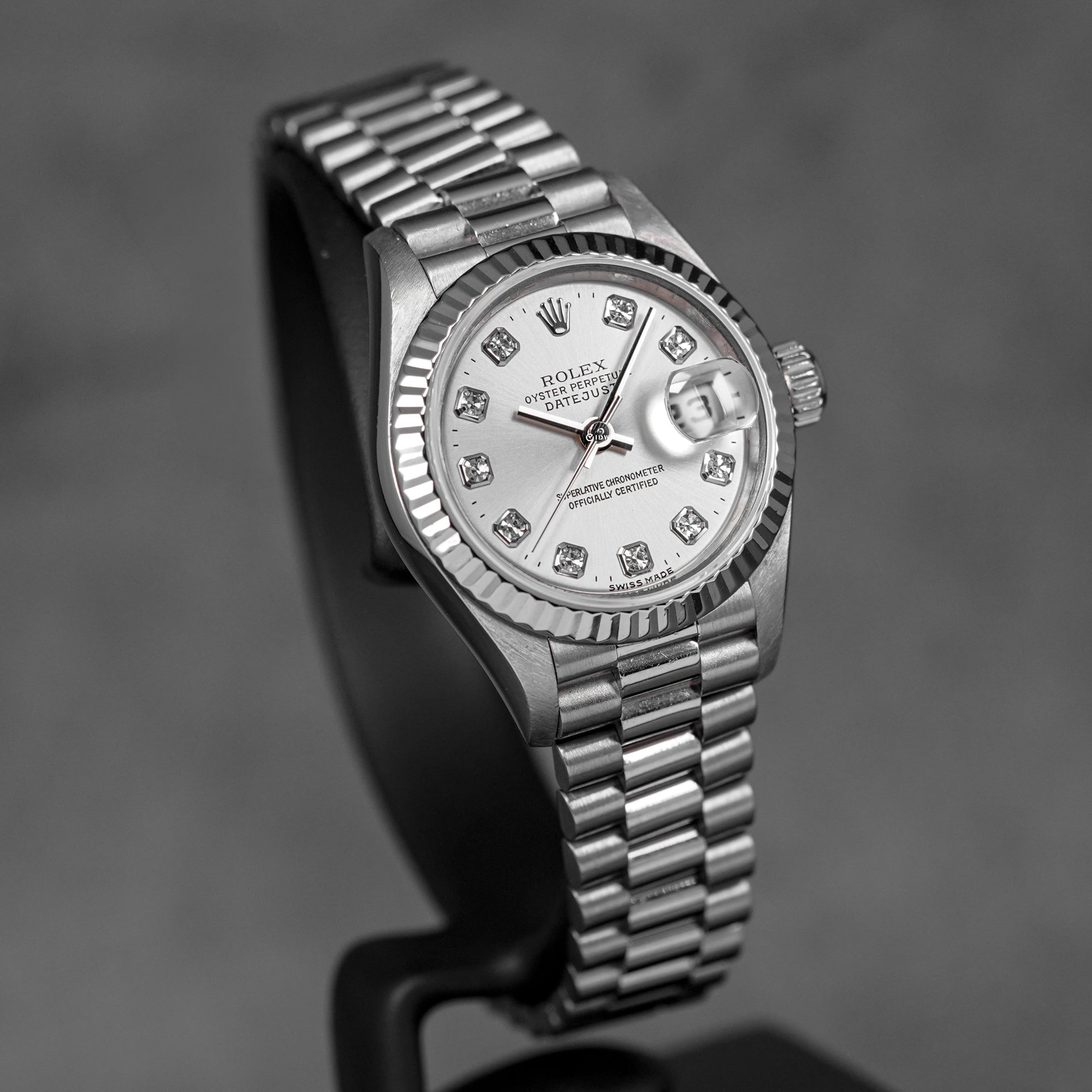 DATEJUST 26MM WHITEGOLD SILVER DIAMOND DIAL PRESIDENT BRACELET (WATCH ONLY)