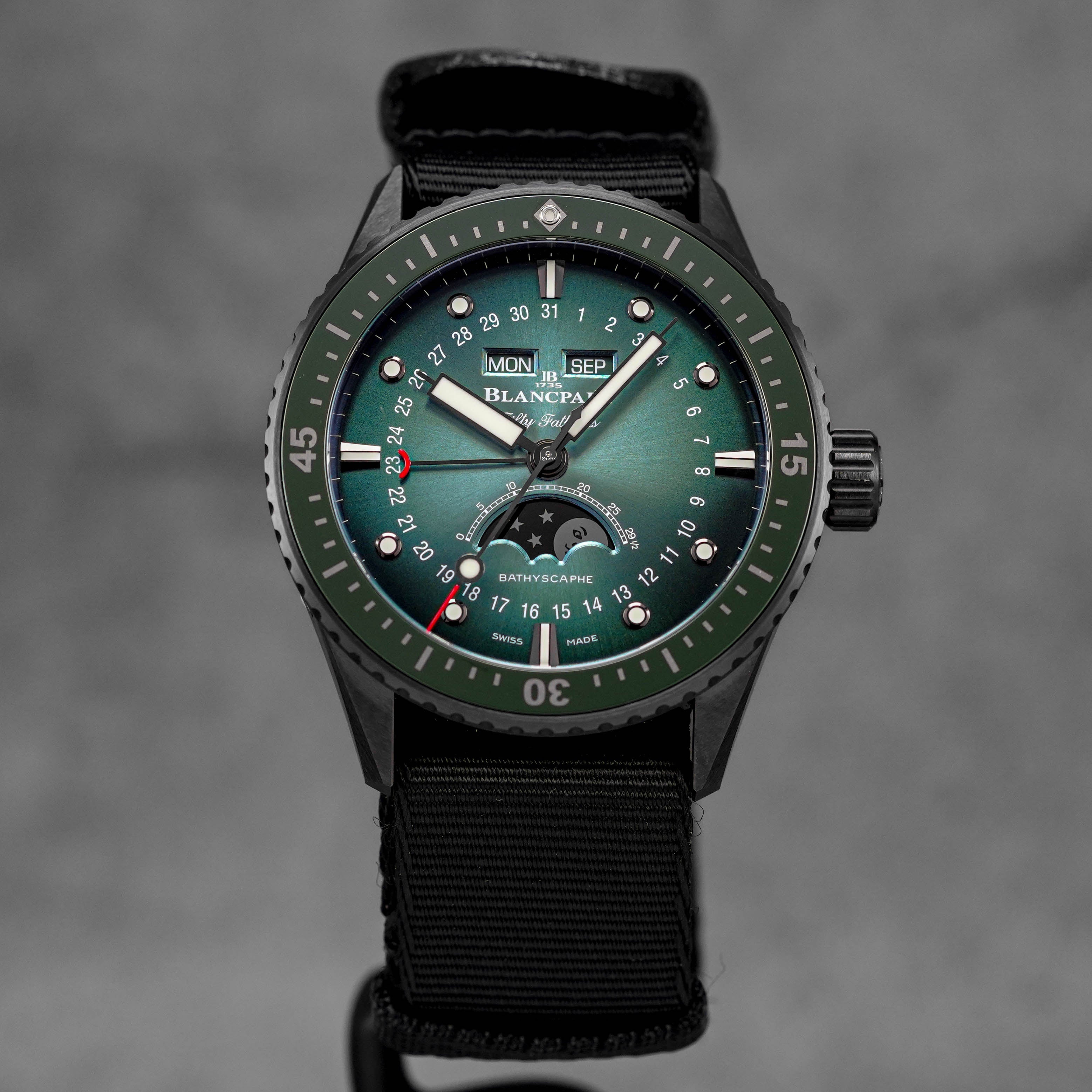FIFTY FATHOMS BATHYSCAPHE CERAMIC COMPLETE CALENDAR SUNBURST GREEN DIAL (2025)