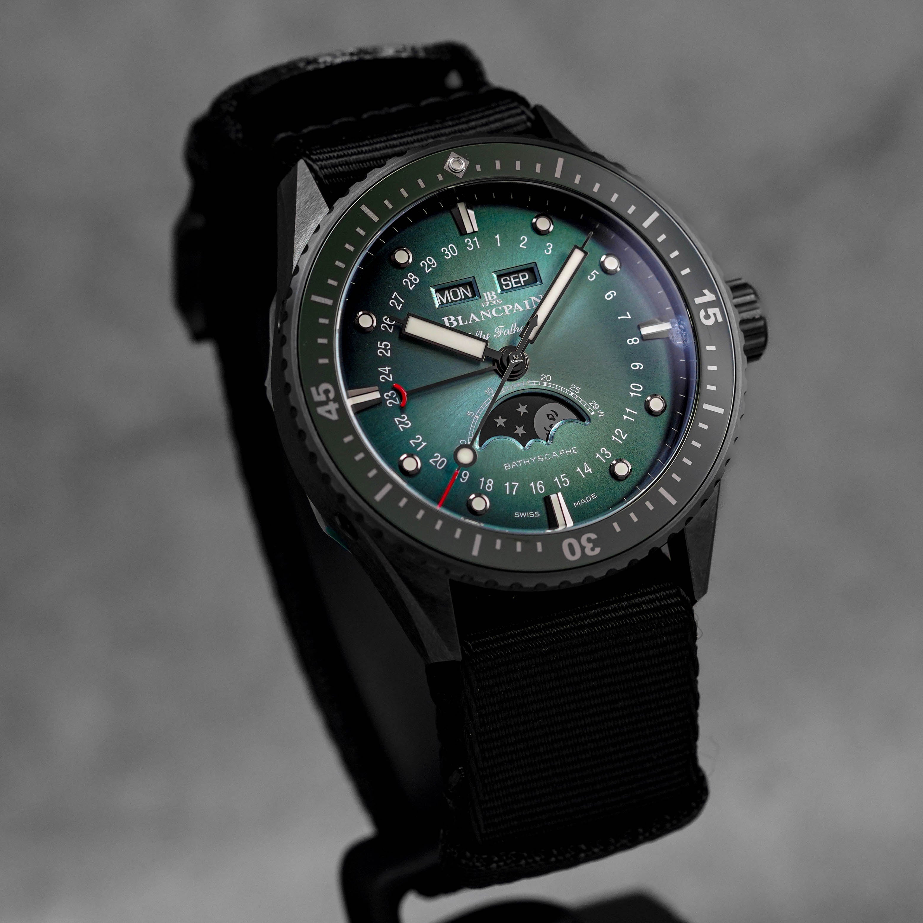 FIFTY FATHOMS BATHYSCAPHE CERAMIC COMPLETE CALENDAR SUNBURST GREEN DIAL (2025)