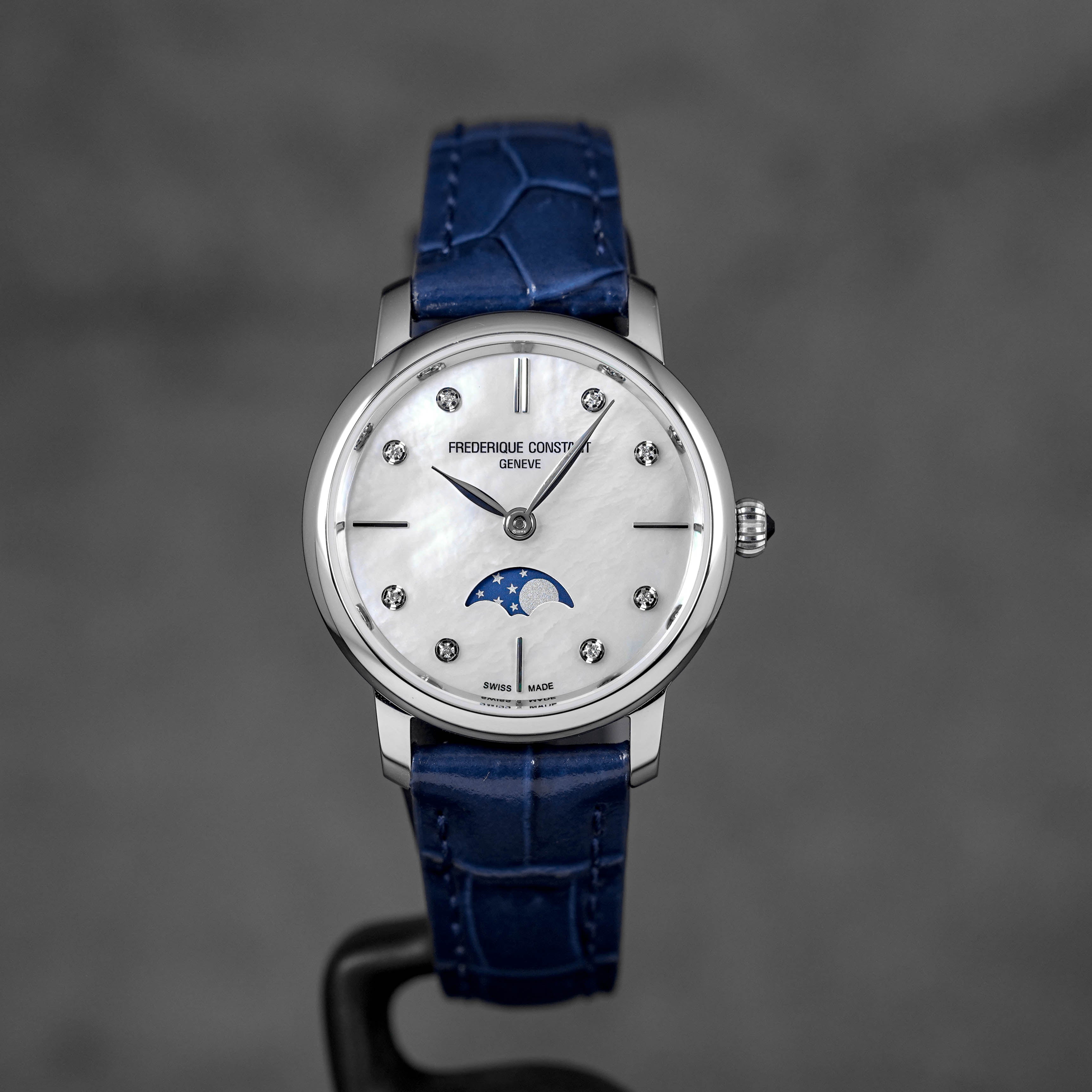 SLIMLINE MOONPHASE WHITE MOP DIAMOND DIAL LEATHER STRAP (2025)