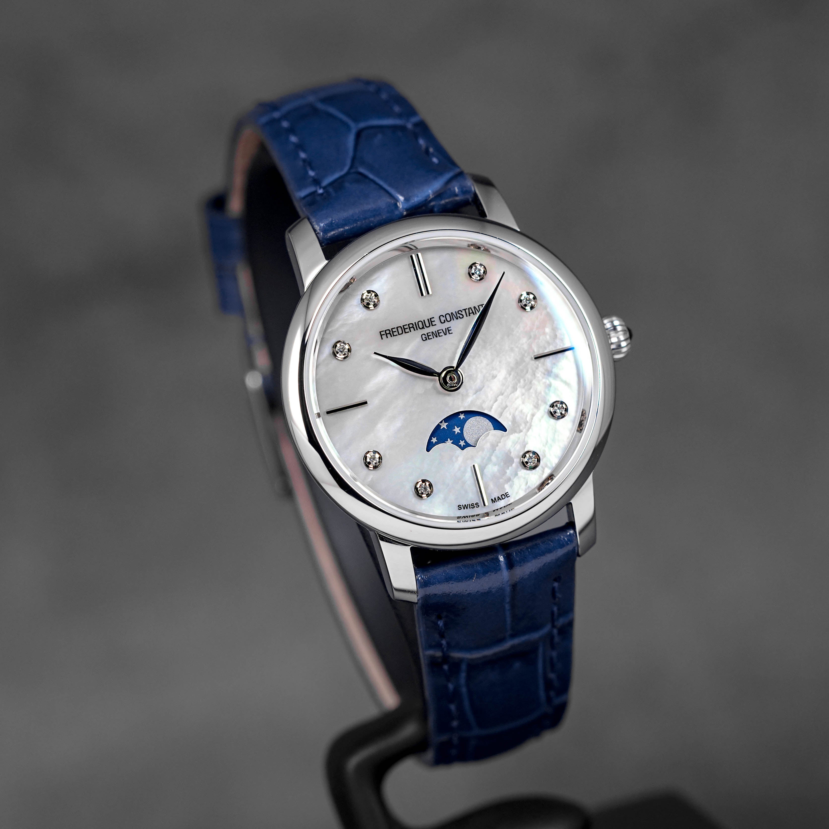 SLIMLINE MOONPHASE WHITE MOP DIAMOND DIAL LEATHER STRAP (2025)