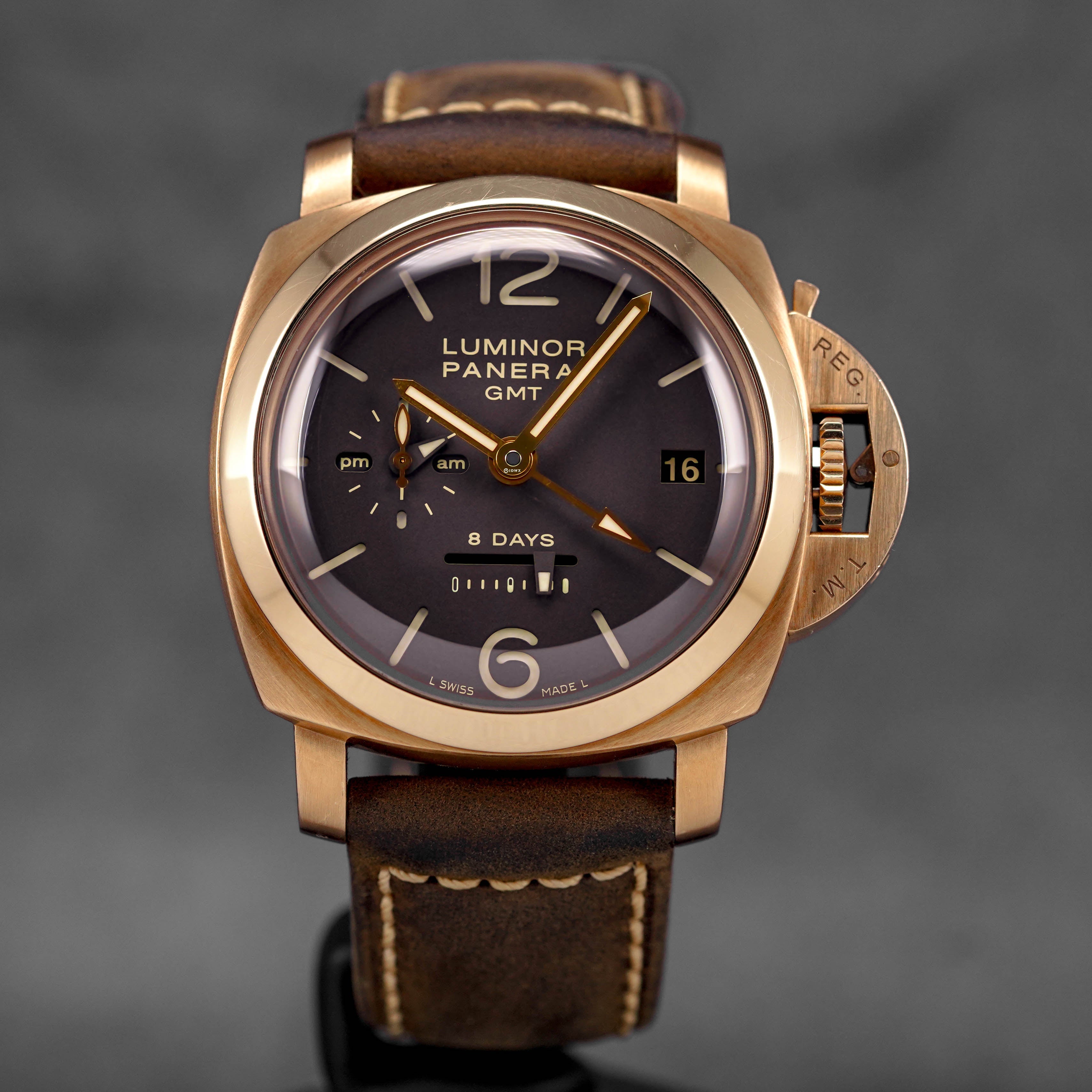 LUMINOR 1950 8 DAYS GMT 44MM ROSEGOLD BROWN DIAL PAM 289 (UNDATED)