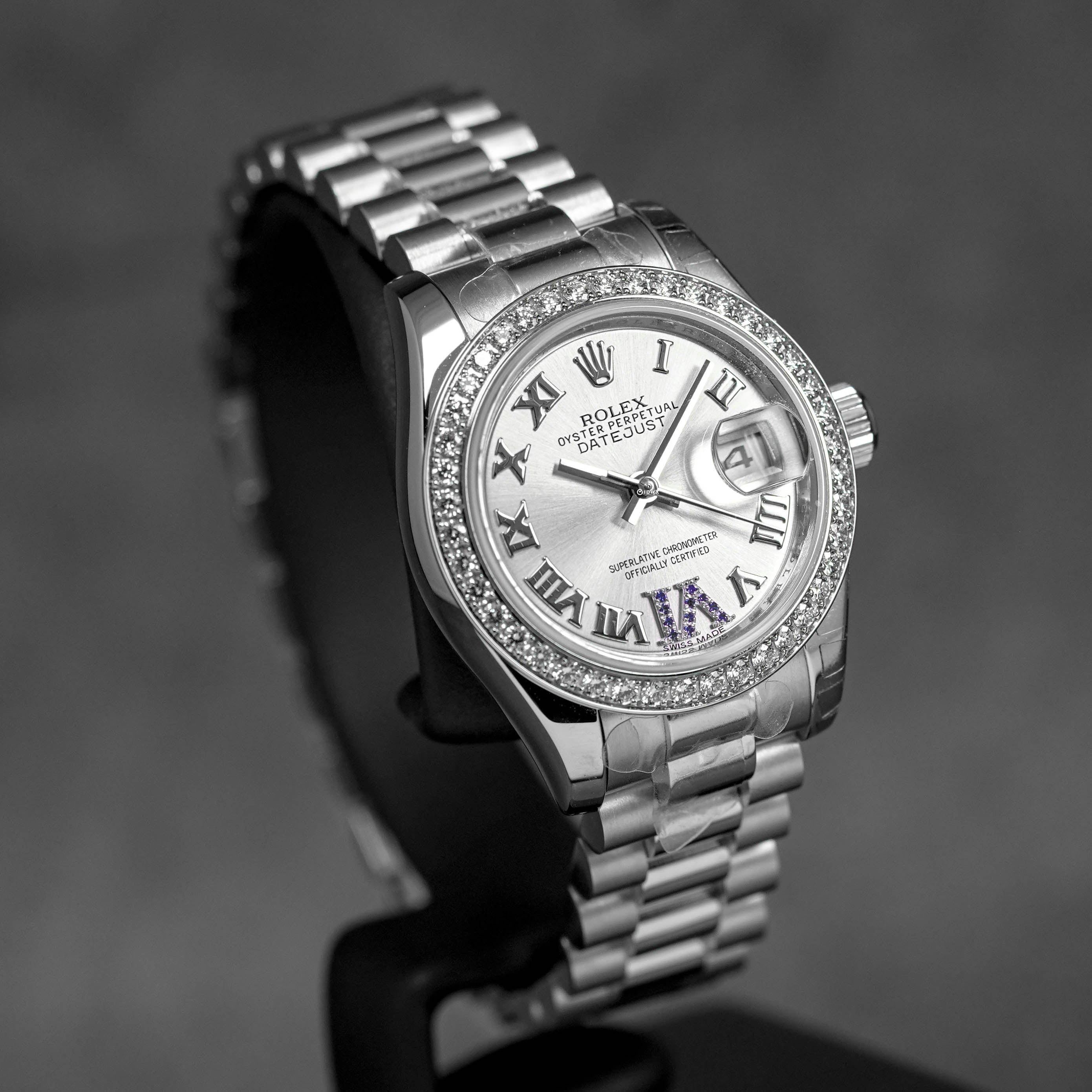DATEJUST 26MM PLATINUM SILVER ROMAN DIAL DIAMOND ON VI DIAMOND BEZEL (2022)