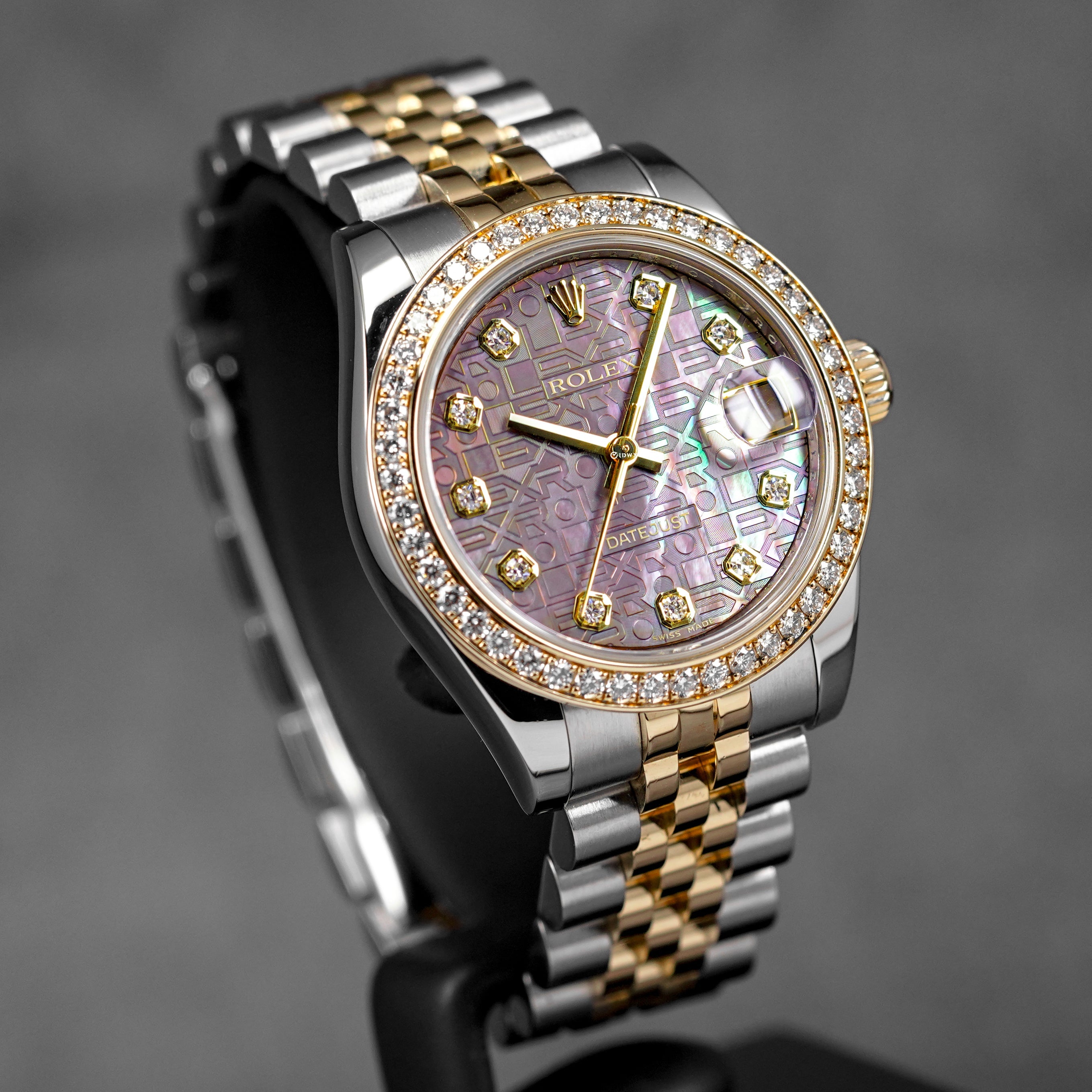 DATEJUST 31MM TWOTONE YELLOWGOLD BLACK MOP COMPUTERIZED DIAMOND DIAL DIAMOND RING BEZEL (2010)