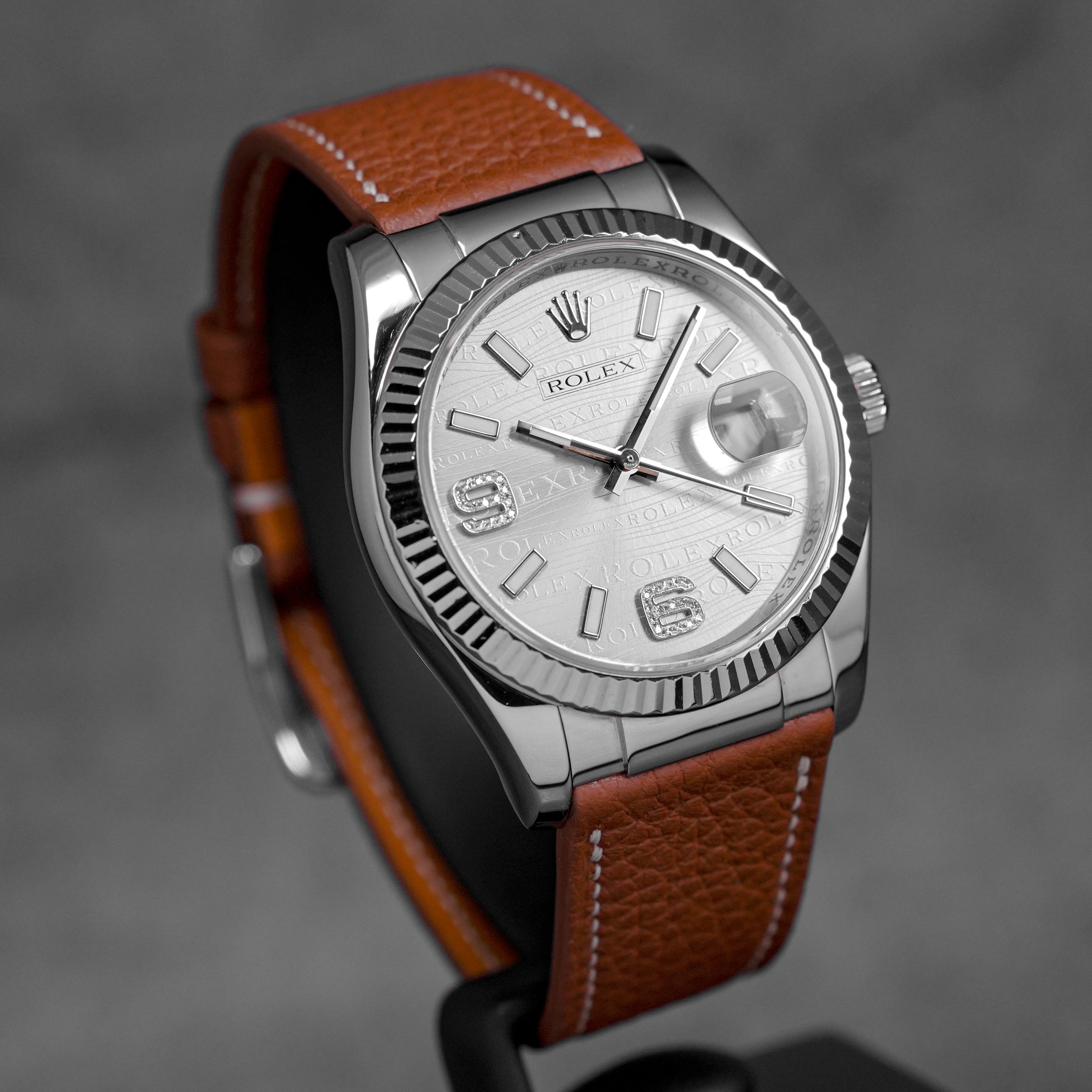 DATEJUST 36MM WHITEGOLD SILVER WAVE DIAMOND ON 6 & 9 DIAL AFTERMARKET LEATHER STRAP (WATCH ONLY)