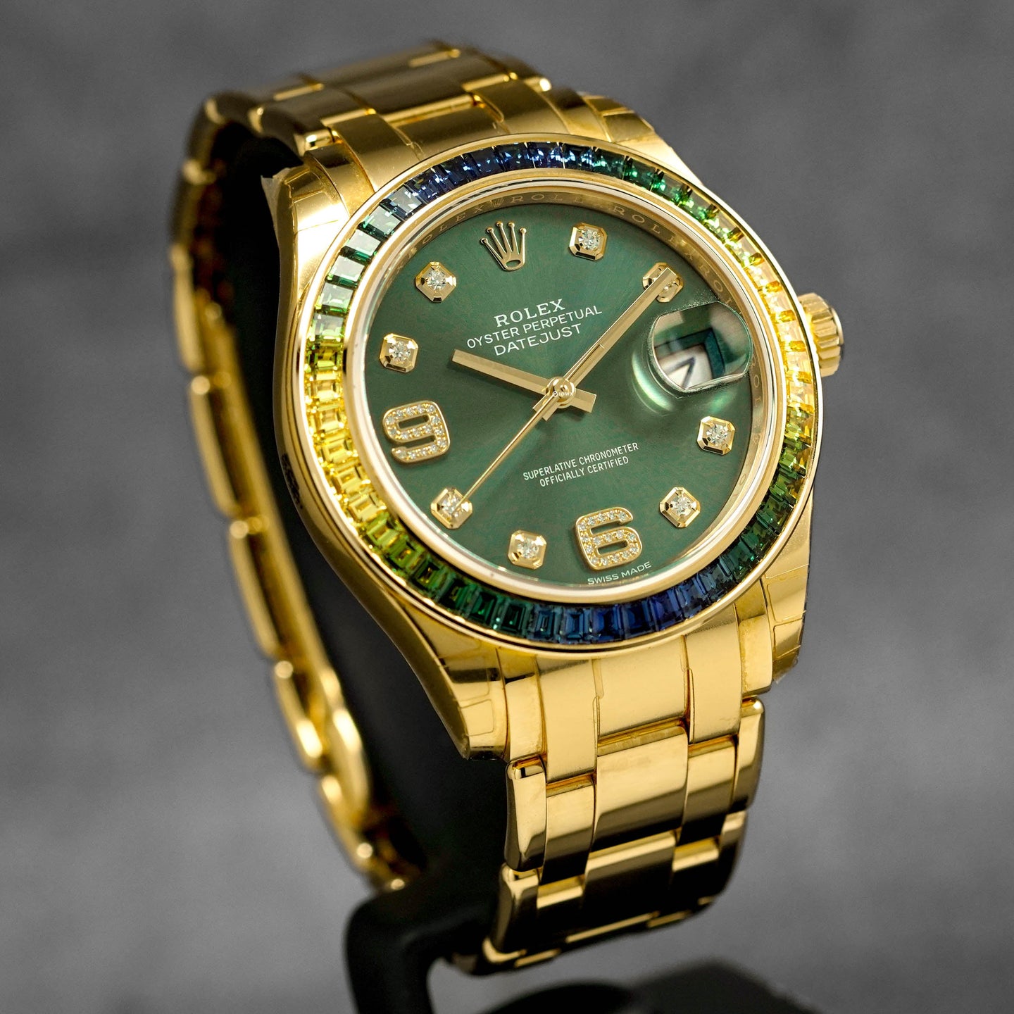 DATEJUST 39MM PEARLMASTER YELLOWGOLD OLIVE GREEN DIAMOND DIAL SAPPHIRE DIAMOND SET BEZEL (2021)