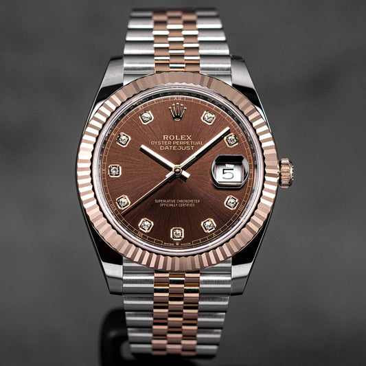 ROLEX DATEJUST 41MM TWOTONE ROSEGOLD CHOCO DIAMOND DIAL (2024) – ONELUXE