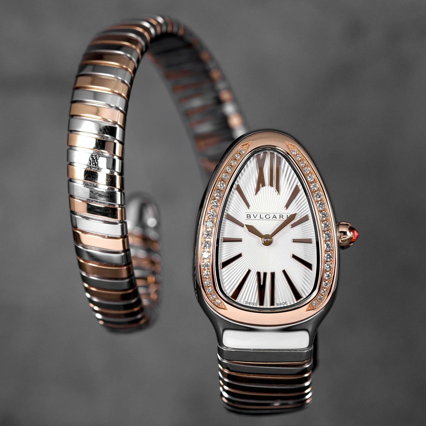 SERPENTI TUBOGAS TWOTONE ROSEGOLD SINGLE SPIRAL SILVER DIAL DIAMOND BEZEL (2024)