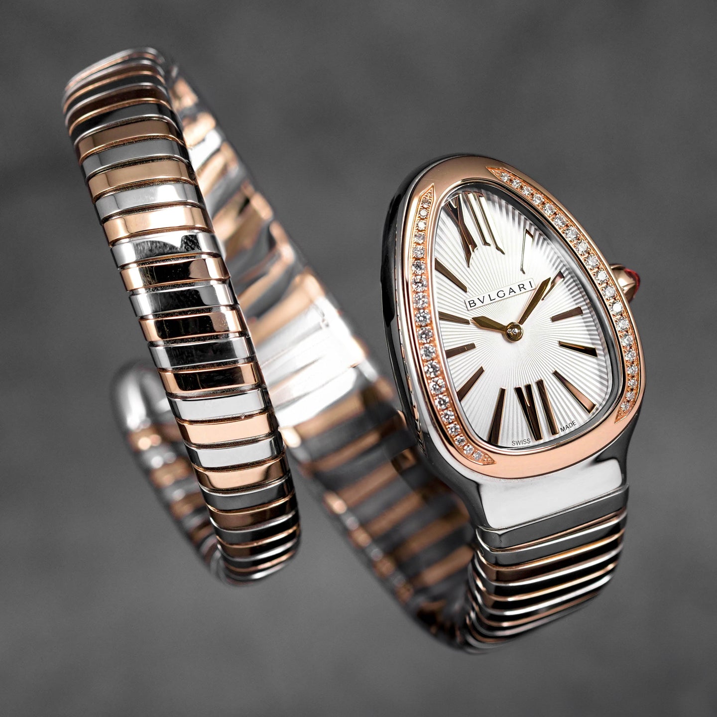 SERPENTI TUBOGAS TWOTONE ROSEGOLD SINGLE SPIRAL SILVER DIAL DIAMOND BEZEL (2024)