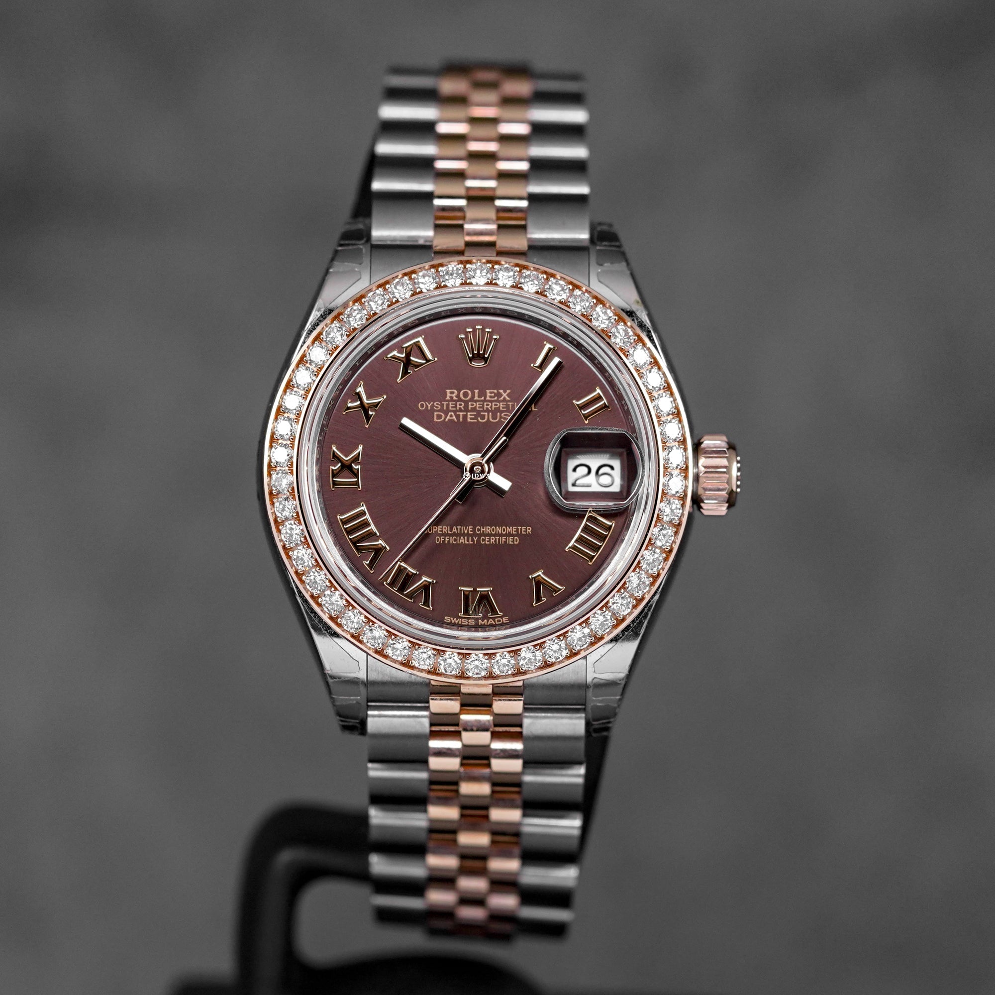 DATEJUST 28MM TWOTONE ROSEGOLD CHOCO ROMAN DIAL DIAMOND RING (2017)