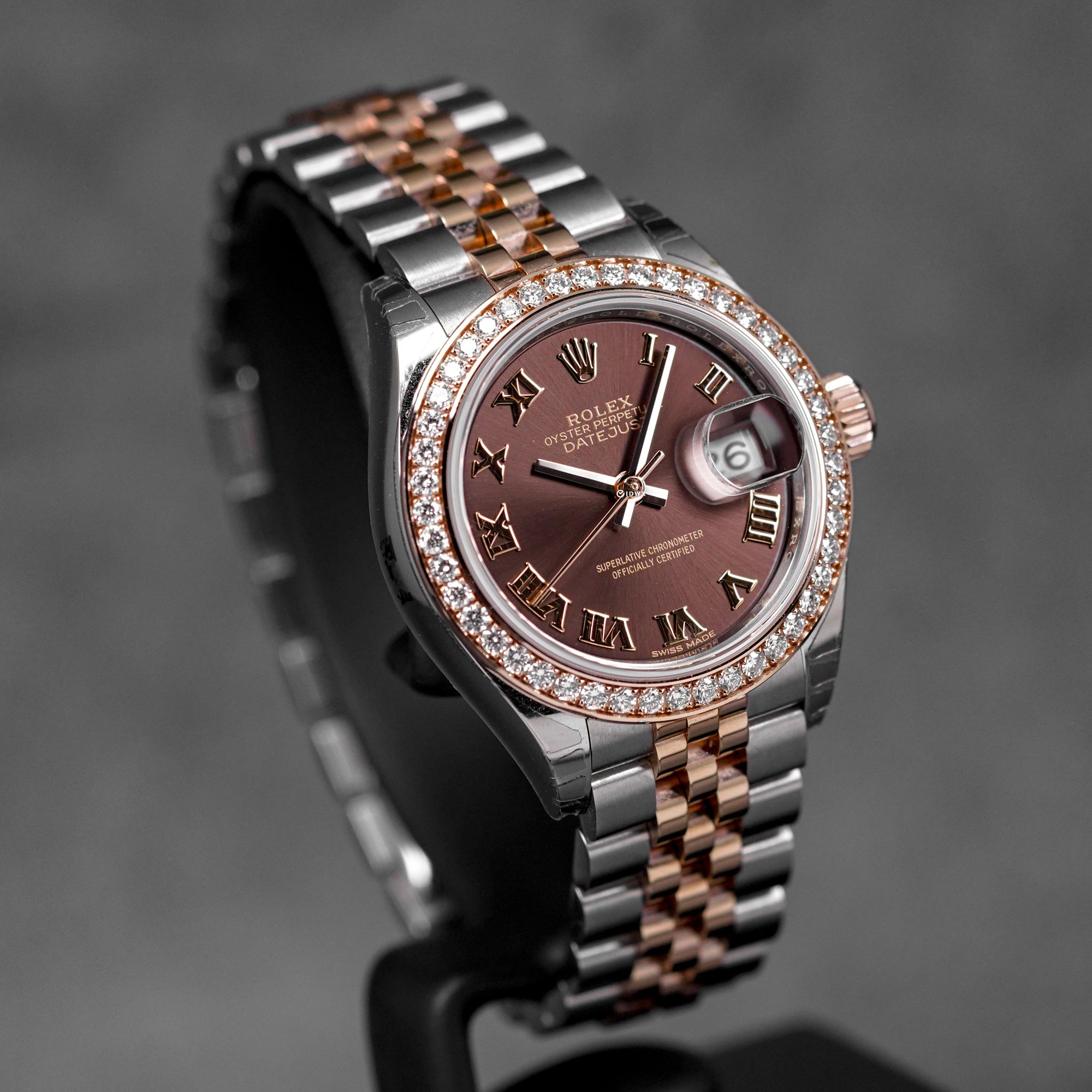 DATEJUST 28MM TWOTONE ROSEGOLD CHOCO ROMAN DIAL DIAMOND RING (2017)