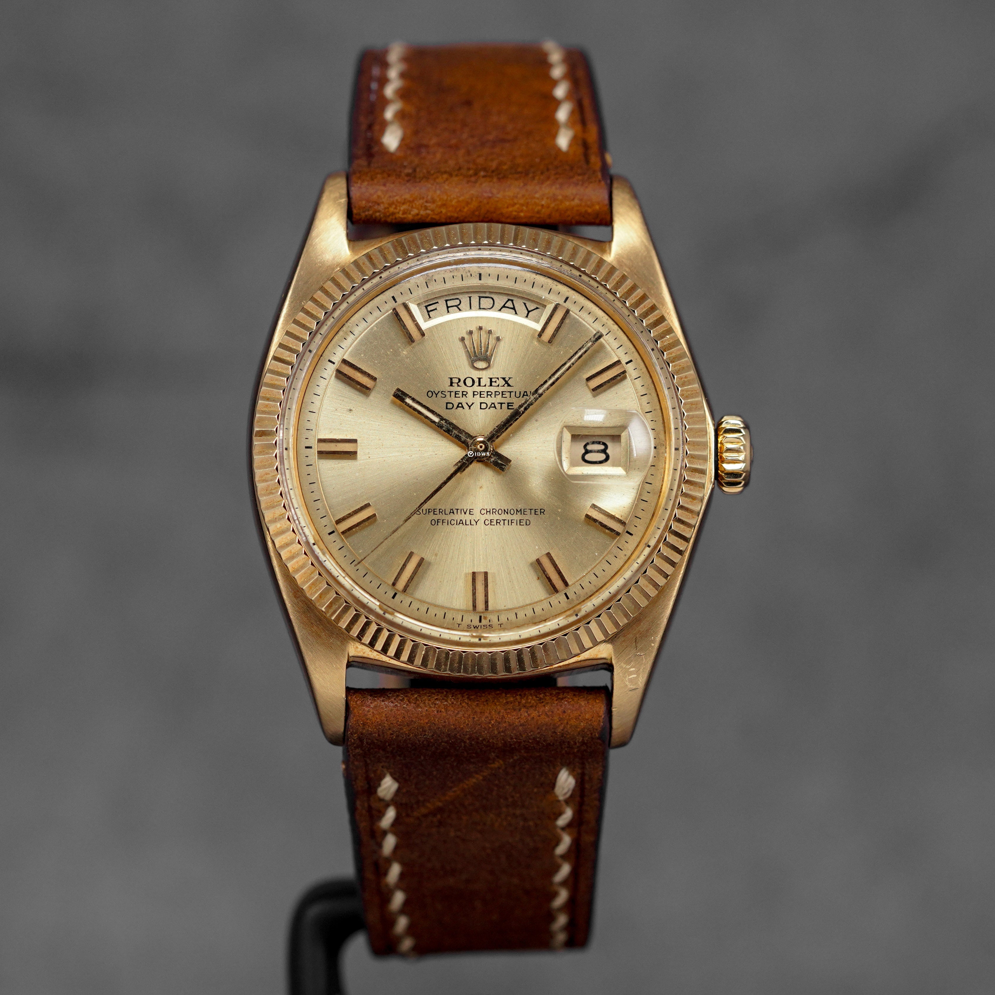 DAYDATE 36MM 1803 YELLOWGOLD CHAMPAGNE DIAL AFTERMARKET LEATHER STRAP (WATCH ONLY)