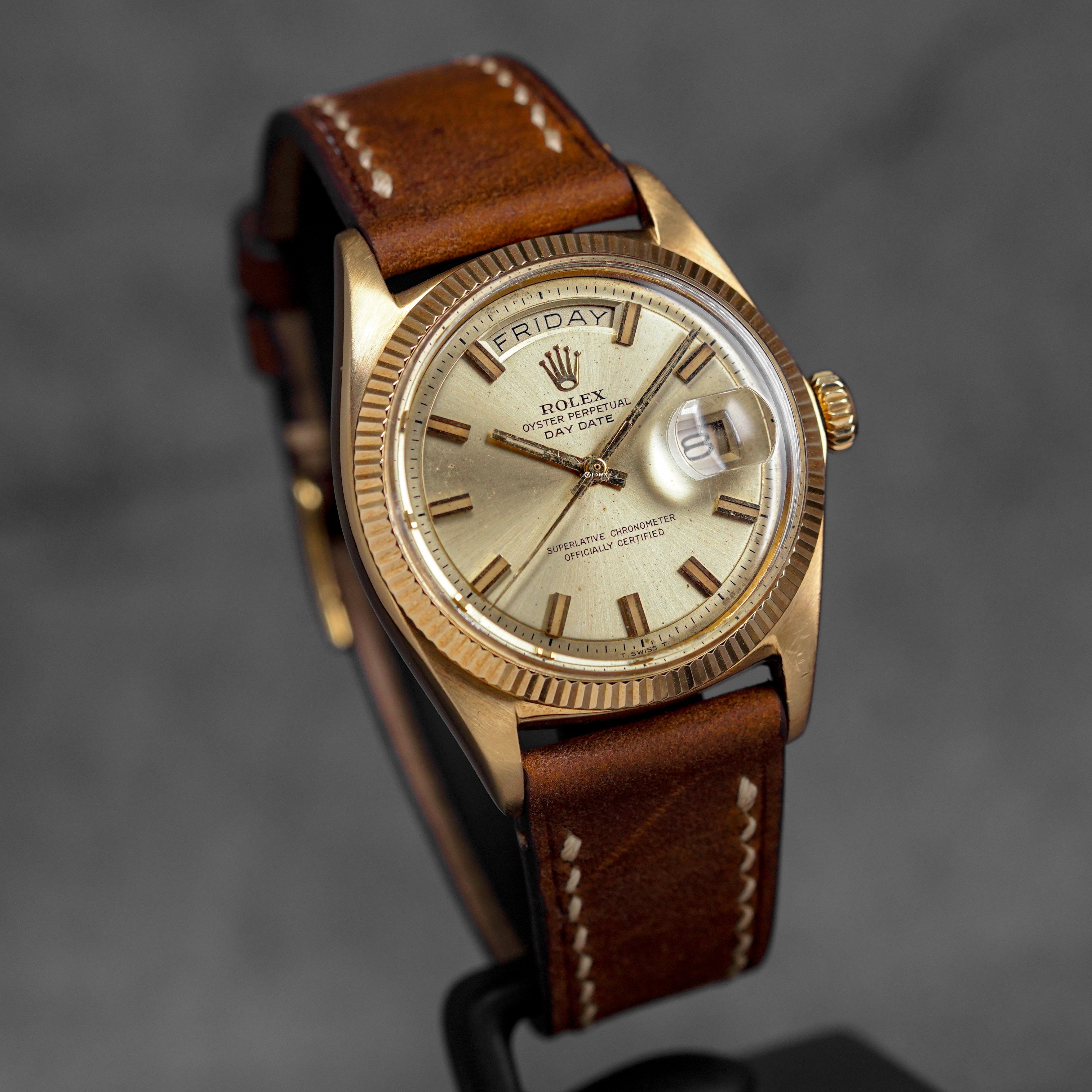 DAYDATE 36MM 1803 YELLOWGOLD CHAMPAGNE DIAL AFTERMARKET LEATHER STRAP (WATCH ONLY)